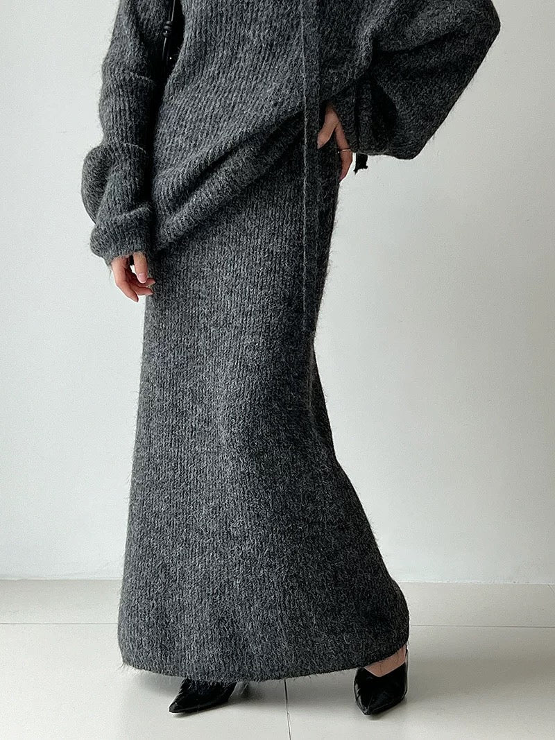 ウール混ニットリボン付きセータースカートセット