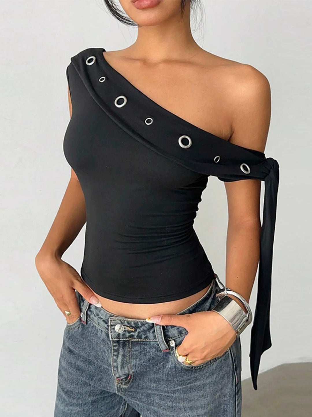 アイレットデザインワンショルダーロングタイトップ