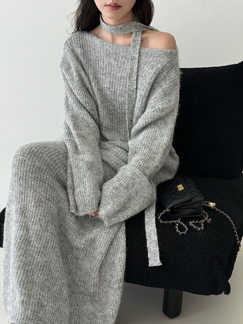 ウール混ニットリボン付きセータースカートセット