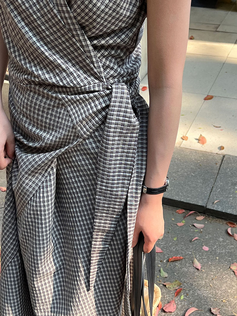 チェック柄カシュクールデザインワンピース