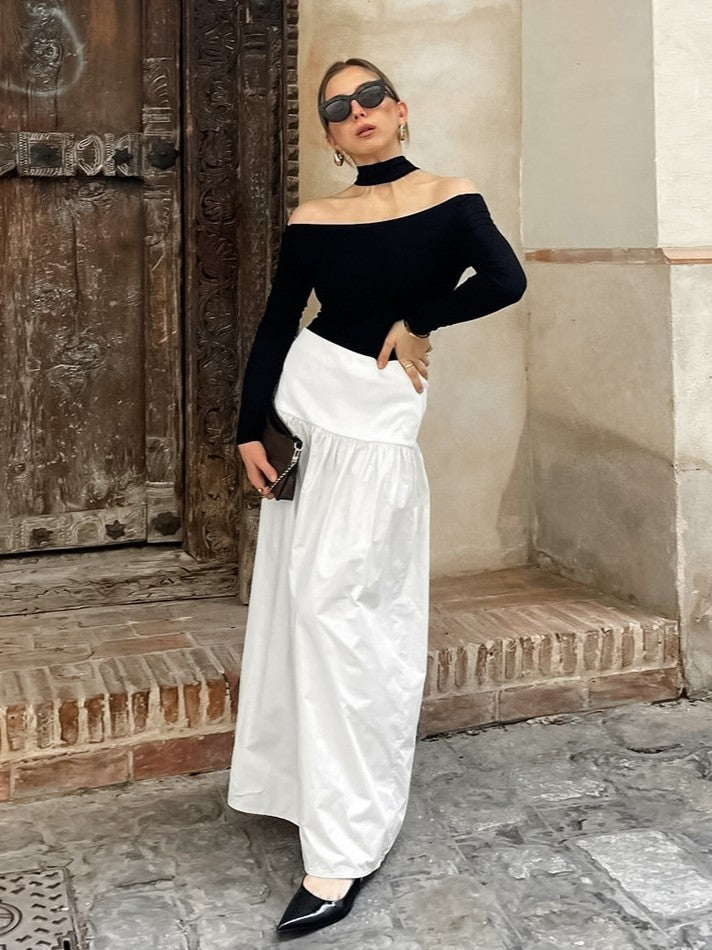 ウエスト切り替えフレアロングスカート