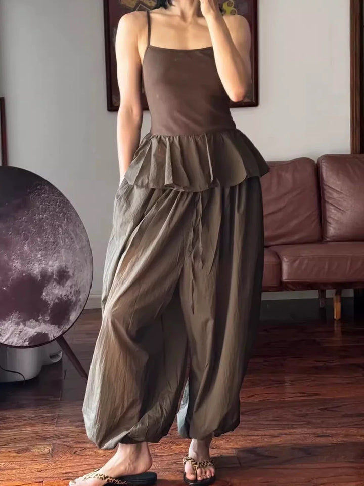 ぺプラムリブ切り替えキャミソールトップス