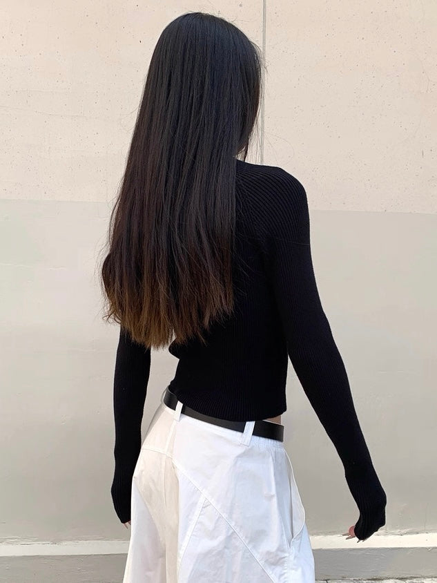 サイドシェルボタンリブニットトップス