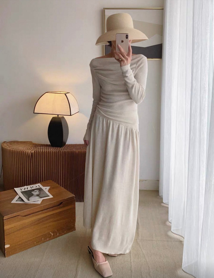 ウール混オフショルドレープトップス