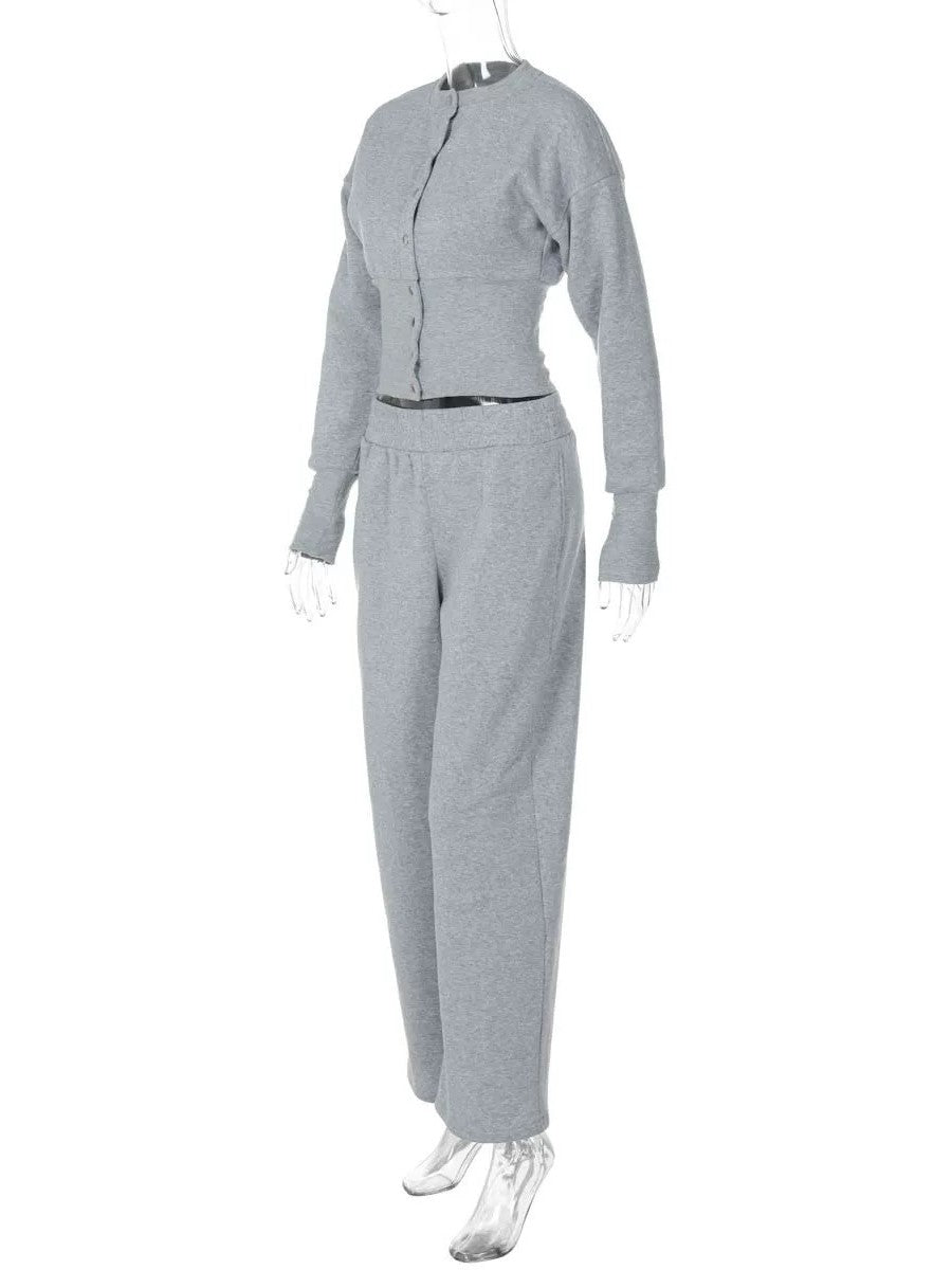 ボタンデザインスウェットワイドパンツセット