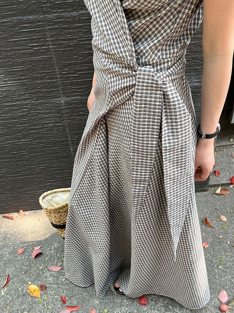 チェック柄カシュクールデザインワンピース