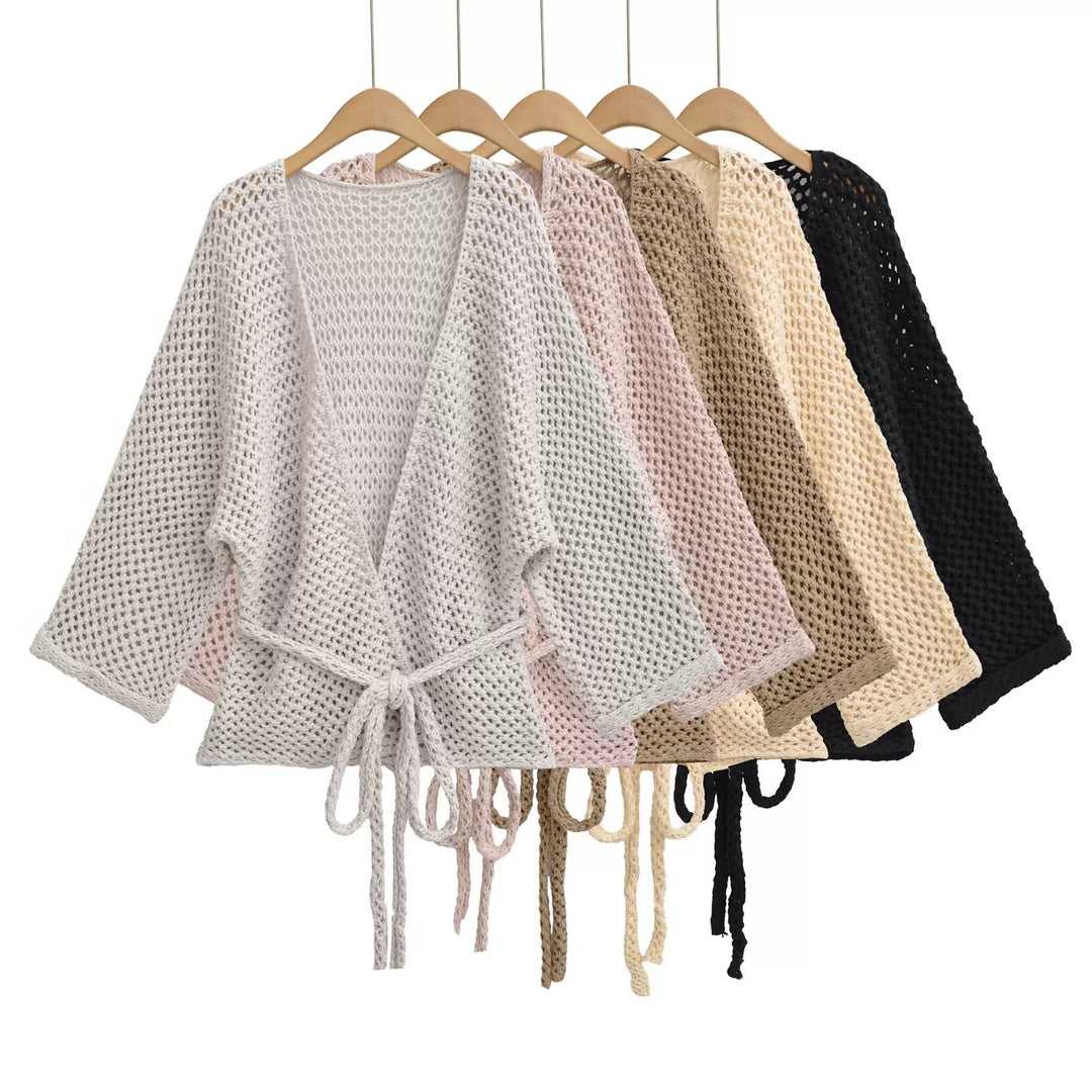 メッシュニットソリッドカラーラップカーディガン