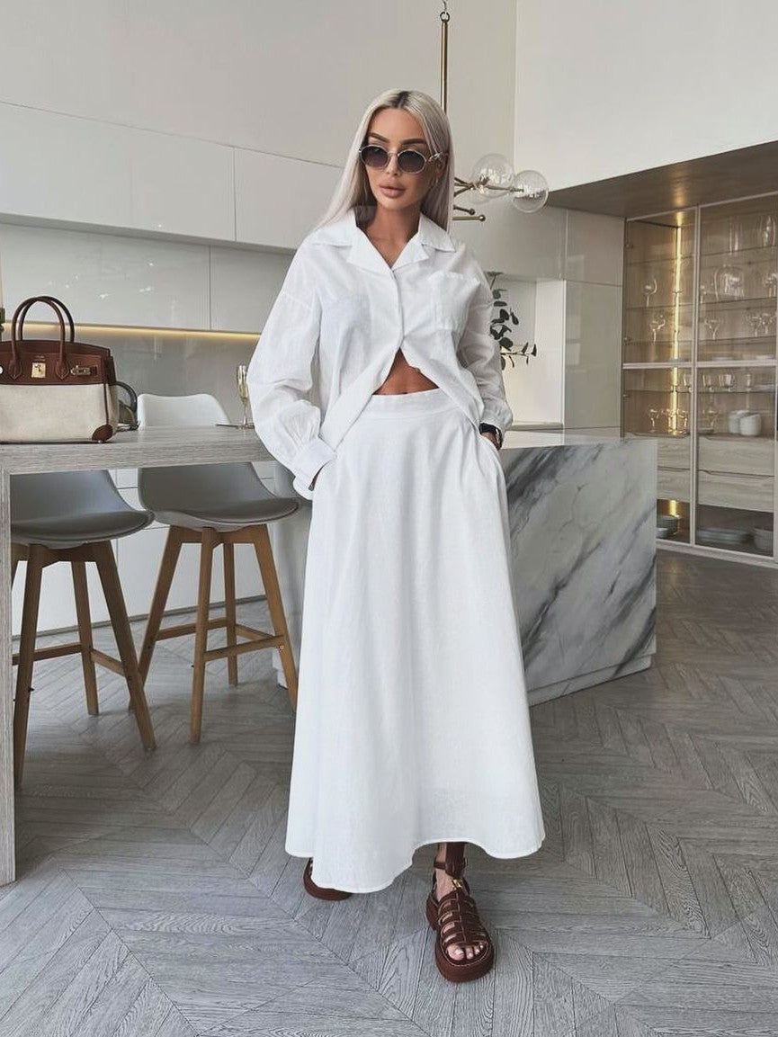 ホワイトルーズシャツフレアスカートセット