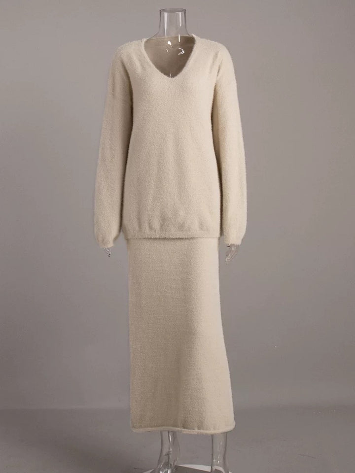 シャギーニットルーズセータースカートセット
