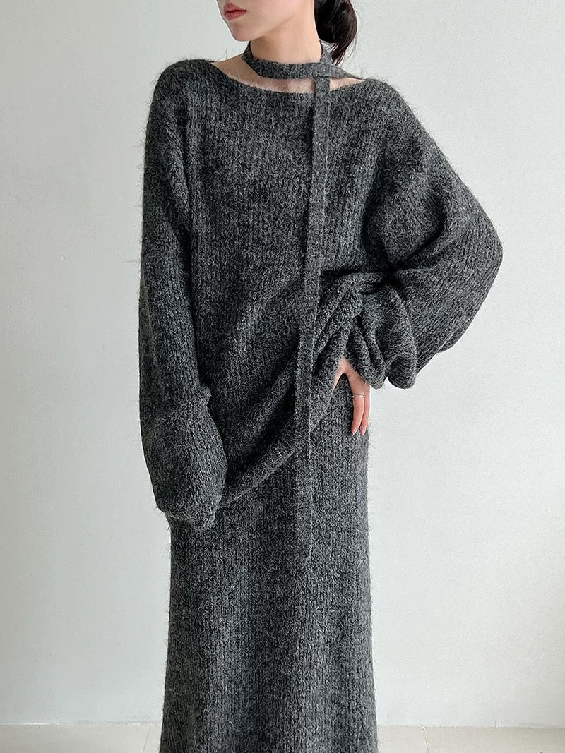 ウール混ニットリボン付きセータースカートセット