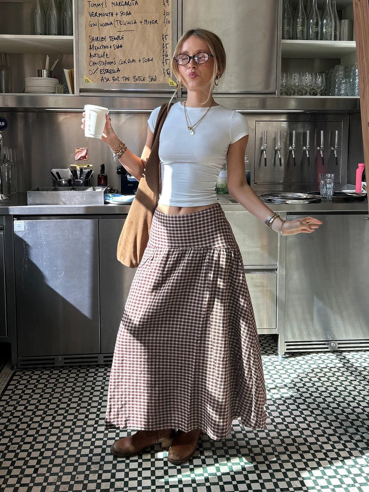 ギンガムチェックヨーク切り替えロングスカート