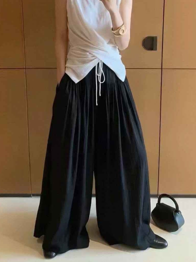ヨーク切り替えテクスチャーワイドギャザーフレアパンツ