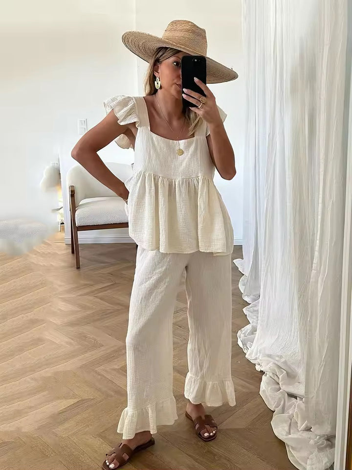 モスリンコットンフリルチュニックパンツセット