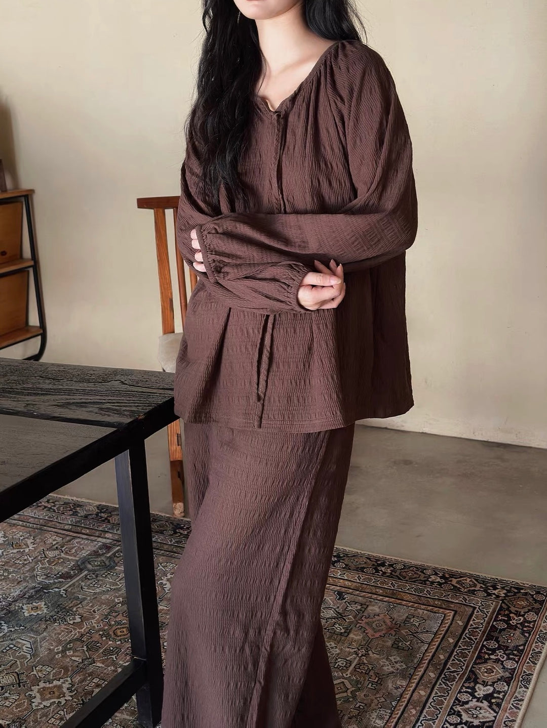 【wabi sabi】 テクスチャードコットン ワイドパンツセットアップ