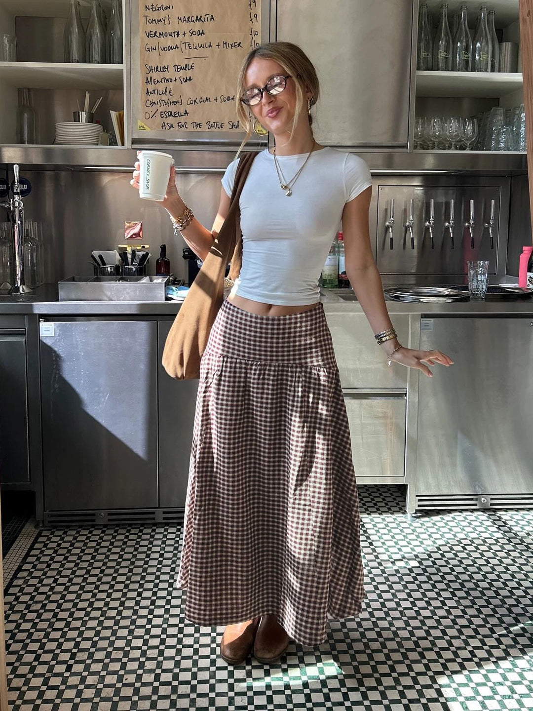 ギンガムチェックヨーク切り替えロングスカート