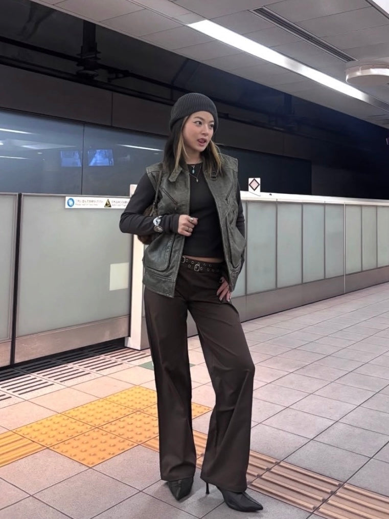 ダブルベルトストレートスラックスパンツ