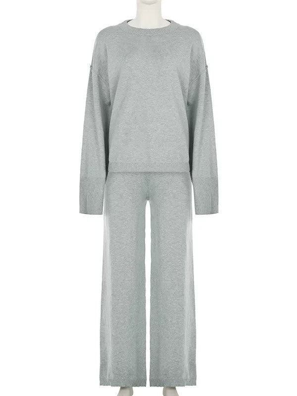 グレーニットフォールドウエストパンツセット