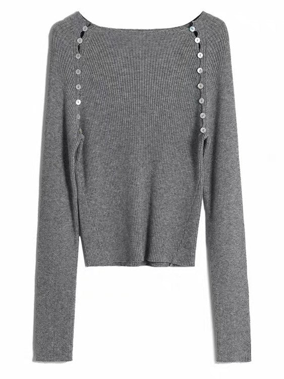サイドシェルボタンリブニットトップス