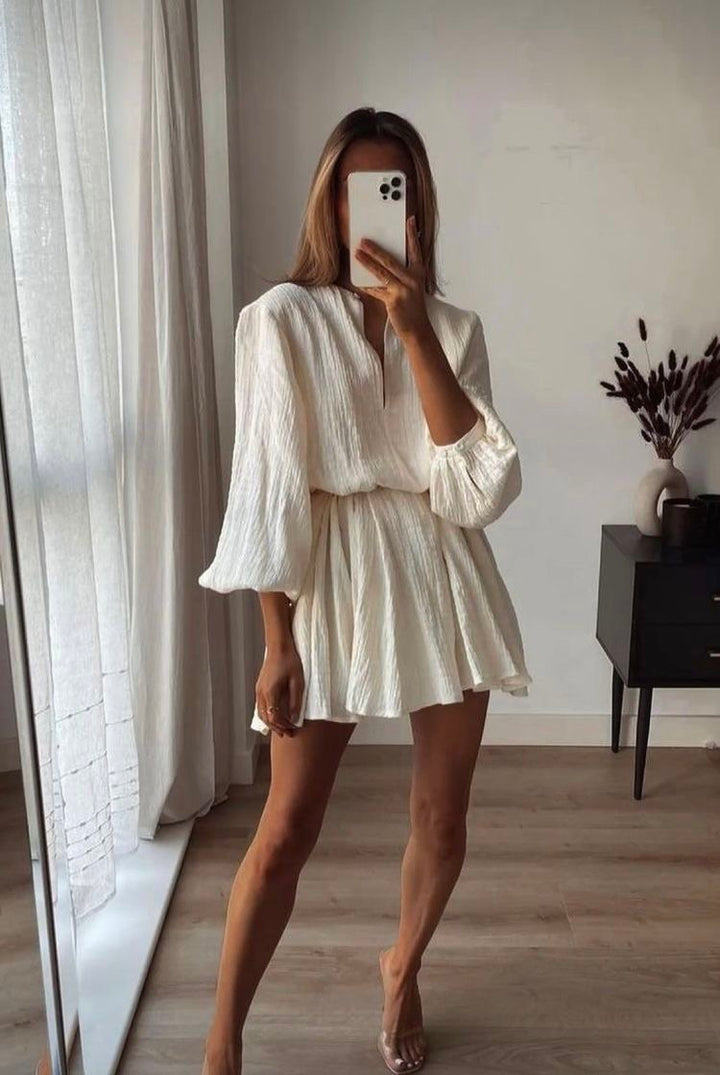 コットンモスリンロープベルト付きミニワンピース