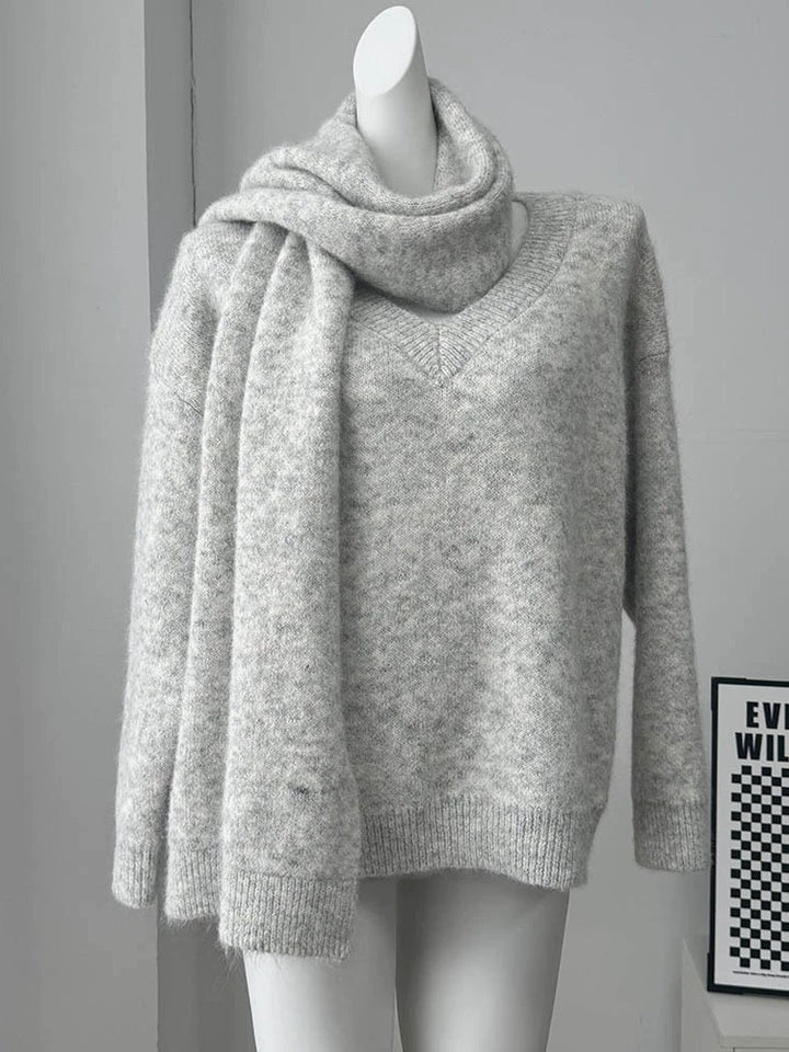 マフラー付きVネックセーター