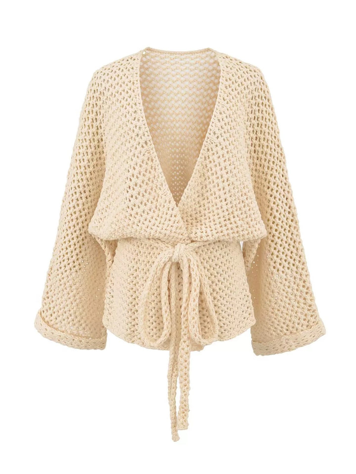 メッシュニットソリッドカラーラップカーディガン