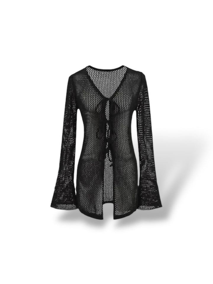 レースアップメッシュニットロングカーディガン