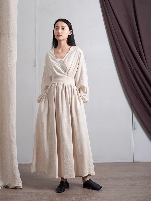 ナチュラルリネンフレア切り替えロングワンピース