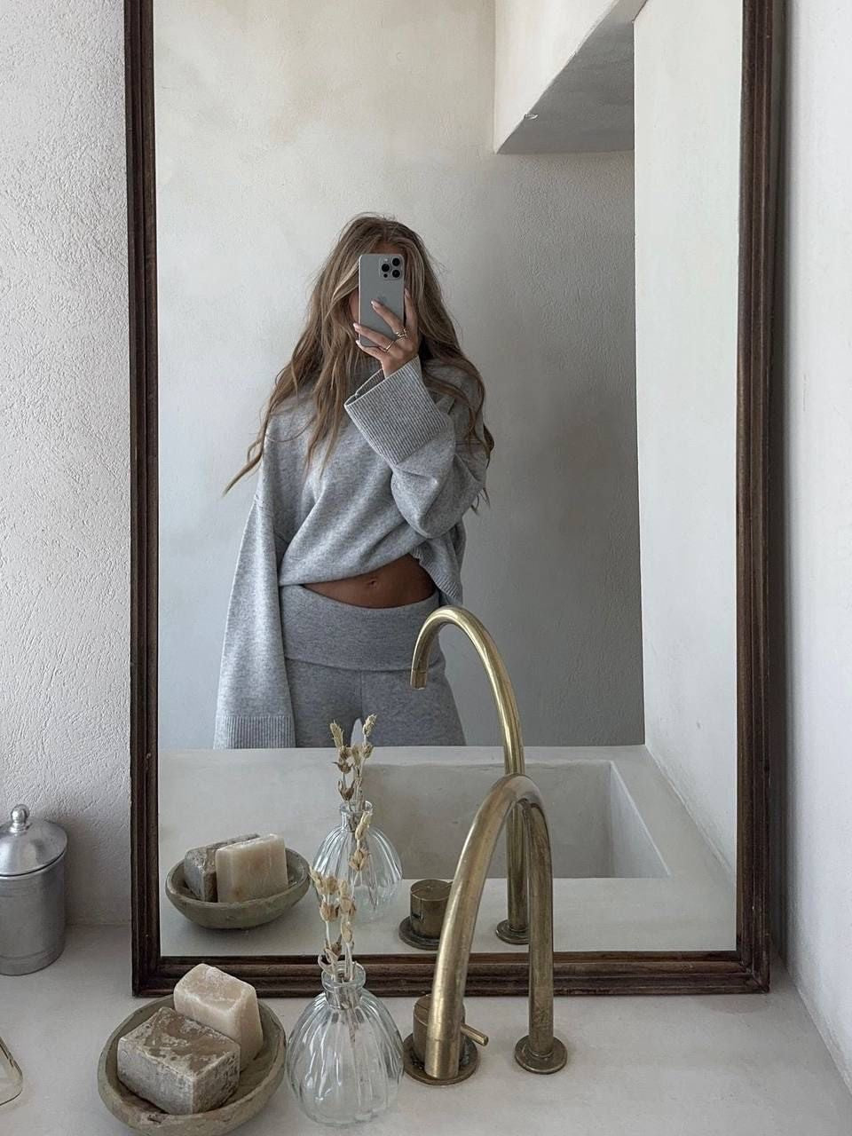 グレーニットフォールドウエストパンツセット