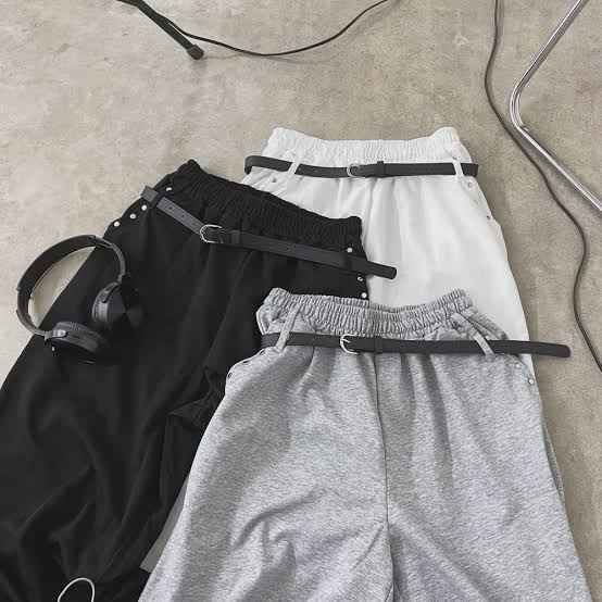 ベルト付きダブルループスタッズワイドパラシュートスウェットパンツ