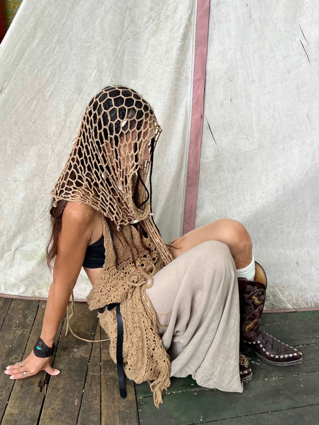 貝殻付きクロシェ大判ストール