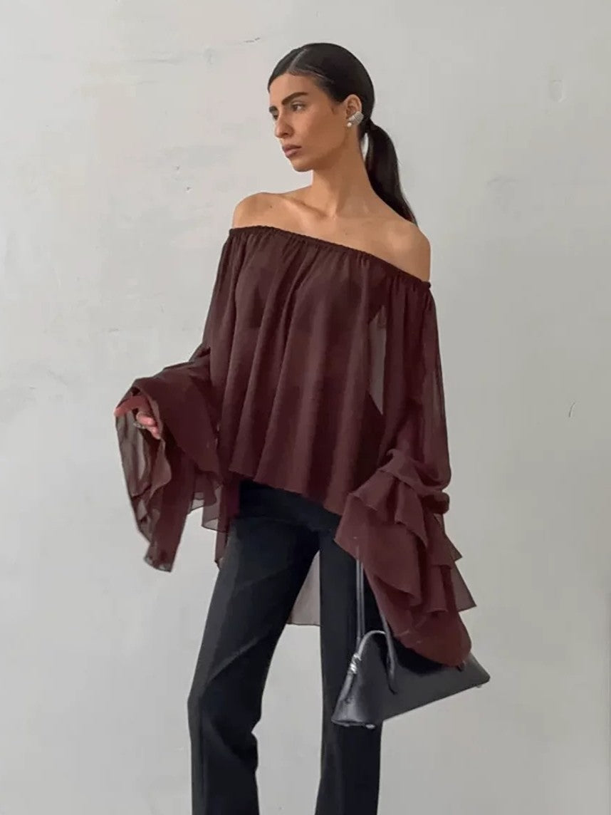 ティアードフリルオフショルダーシアーブラウス