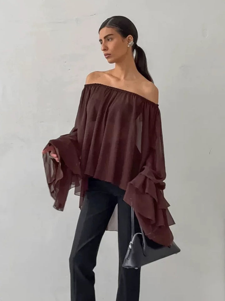 ティアードフリルオフショルダーシアーブラウス