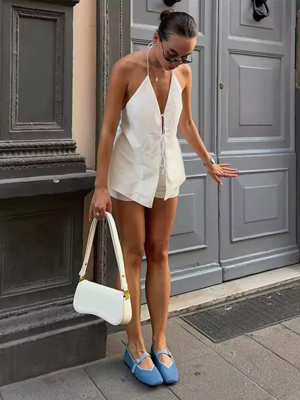 レースアップホルターネックショーツセット