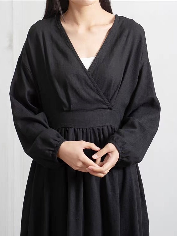 ナチュラルリネンフレア切り替えロングワンピース