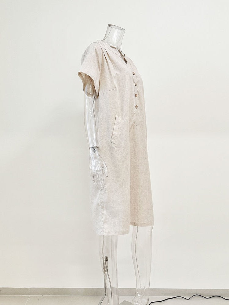 リネンブレンドキーネックチュニックワンピース