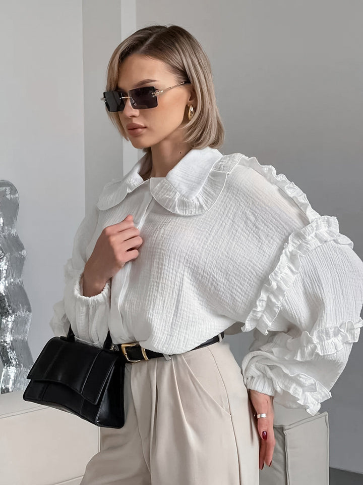 フリルスリーブモスリンコットンシャツ