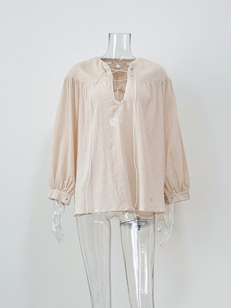 楊柳レースアップルーズブラウス