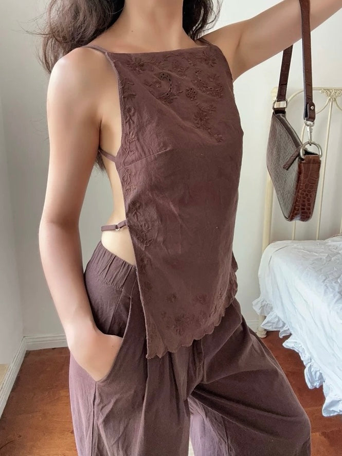 エンブロイダリーバックオープンキャミソールトップス