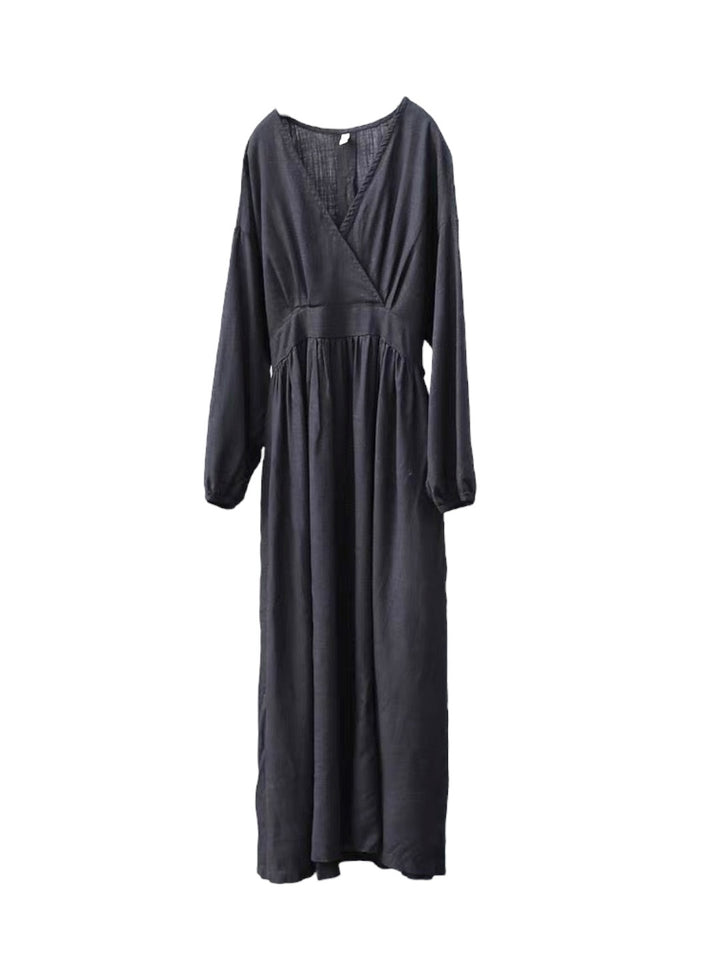 ナチュラルリネンフレア切り替えロングワンピース