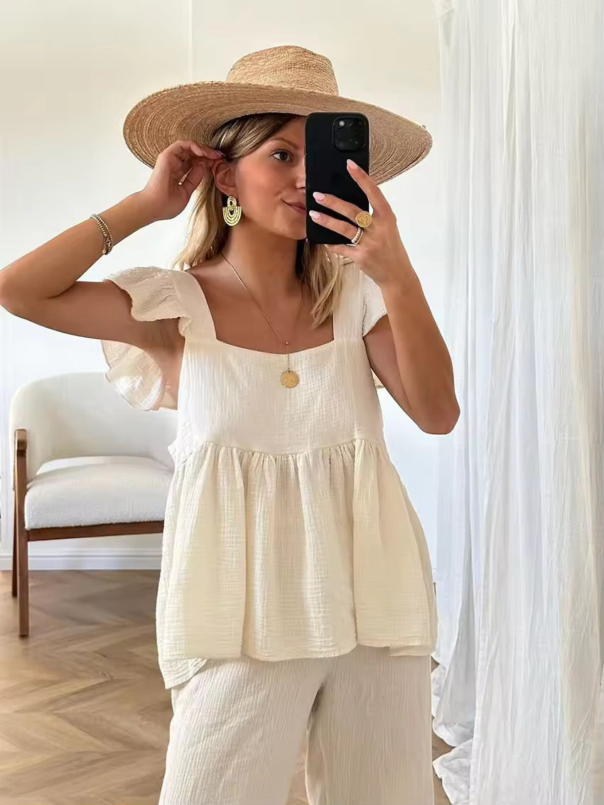 モスリンコットンフリルチュニックパンツセット