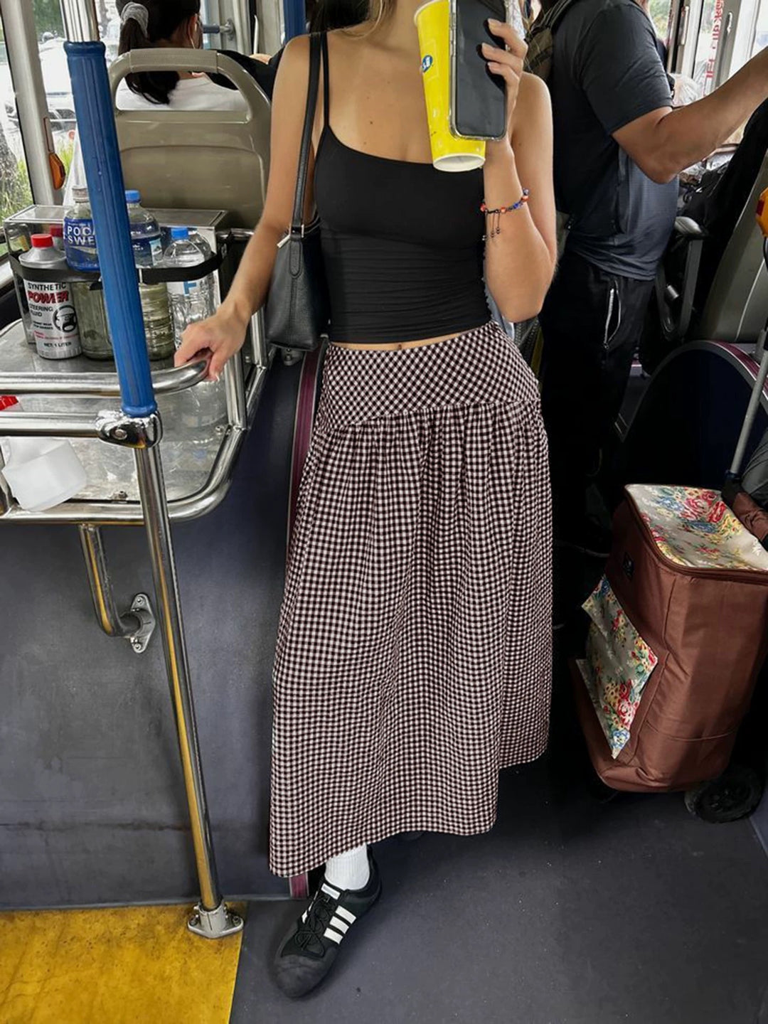 ギンガムチェックヨーク切り替えロングスカート