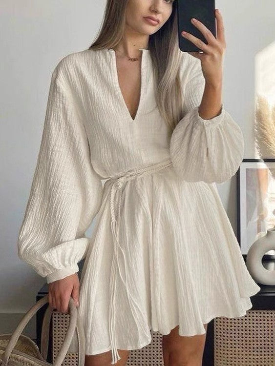コットンモスリンロープベルト付きミニワンピース