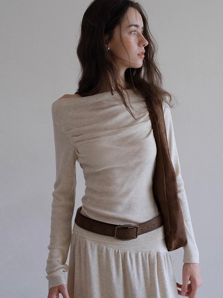 ウール混オフショルドレープトップス