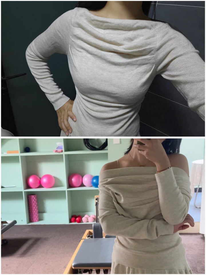 ウール混オフショルドレープトップス