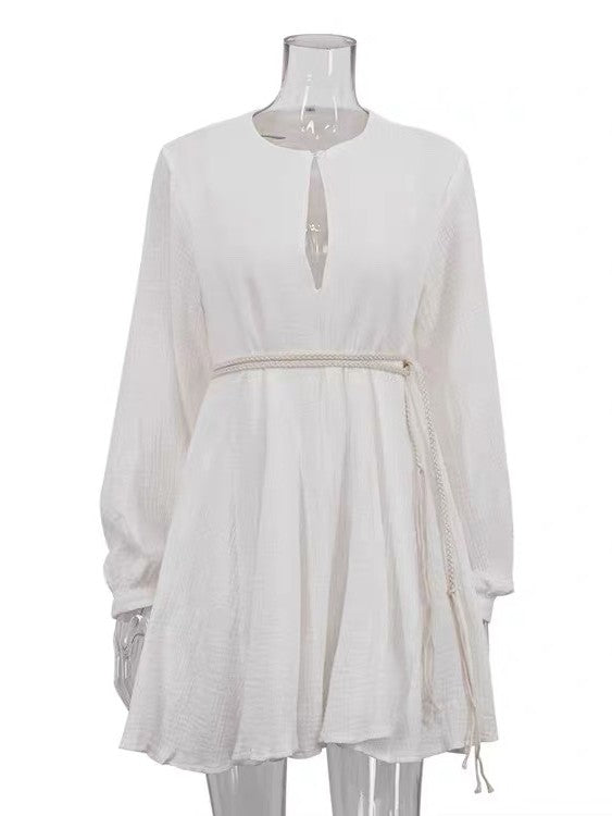 コットンモスリンロープベルト付きミニワンピース