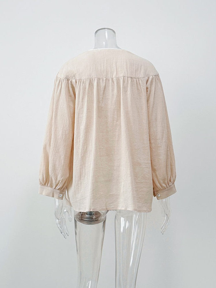 楊柳レースアップルーズブラウス