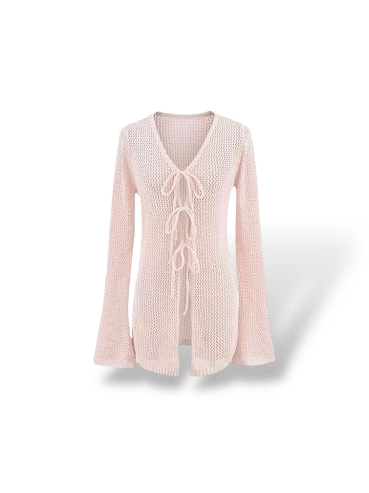 レースアップメッシュニットロングカーディガン