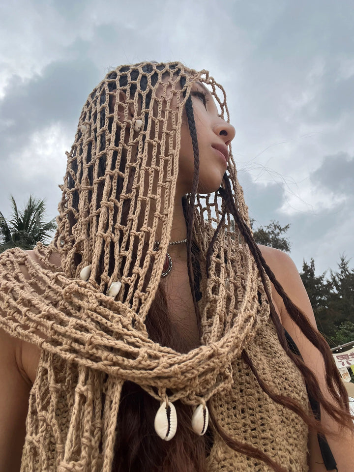 貝殻付きクロシェ大判ストール