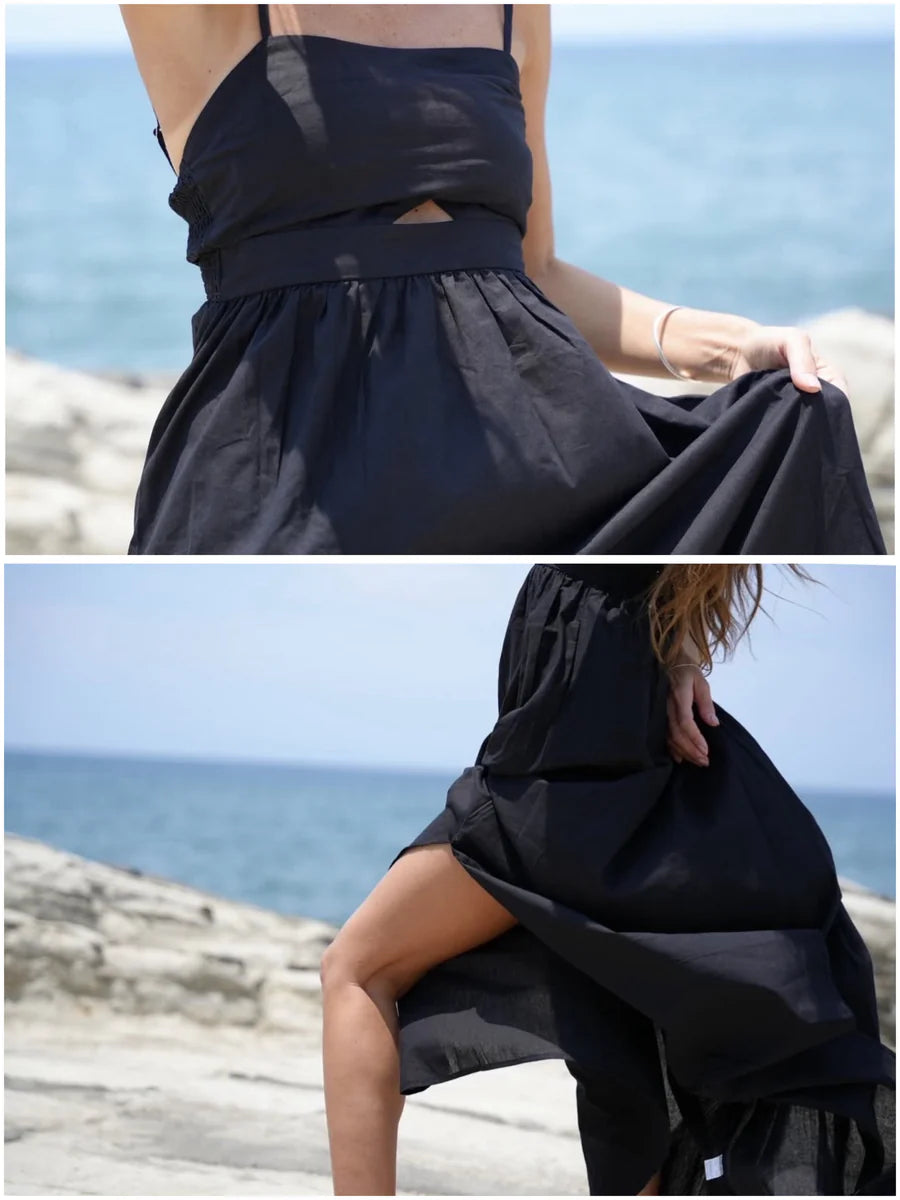 【アウトレット】(即納) ウエストカットキャミソールロングフレアワンピース