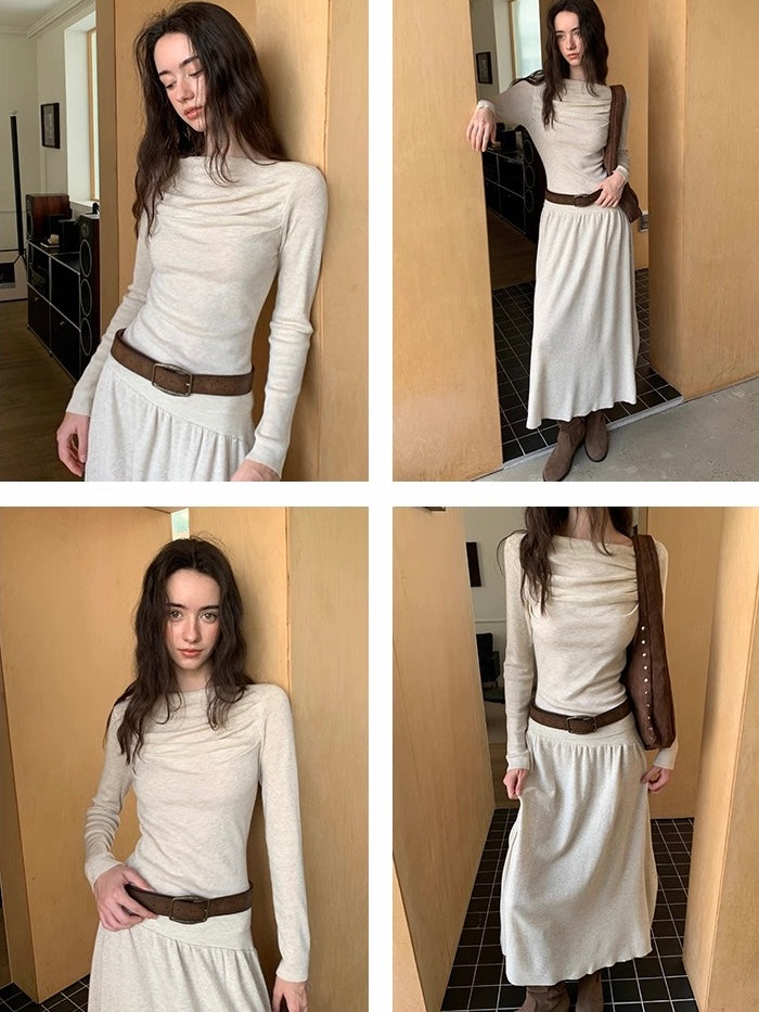 ウール混オフショルドレープトップス